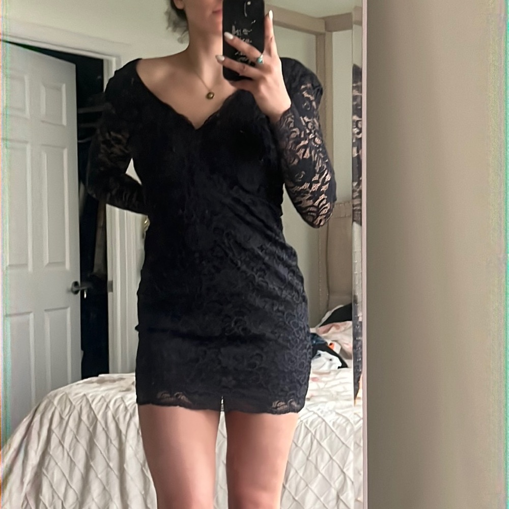 BEBE lace black, open back dress. Worn 1 time.